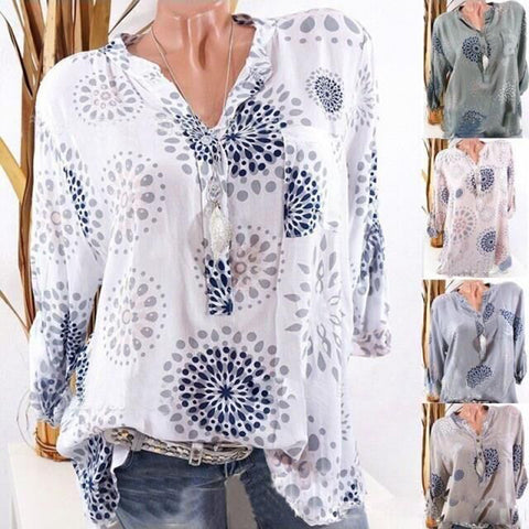 Fashion Printed V-neck Long Sleeve Casual Loose Spring Summer Women Blouse Top - RELEVAZA
