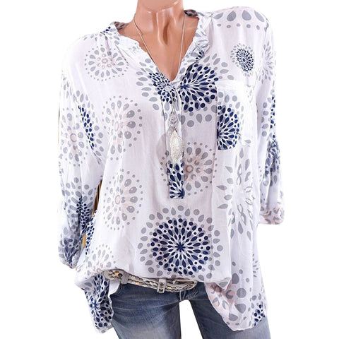 Fashion Printed V-neck Long Sleeve Casual Loose Spring Summer Women Blouse Top - RELEVAZA
