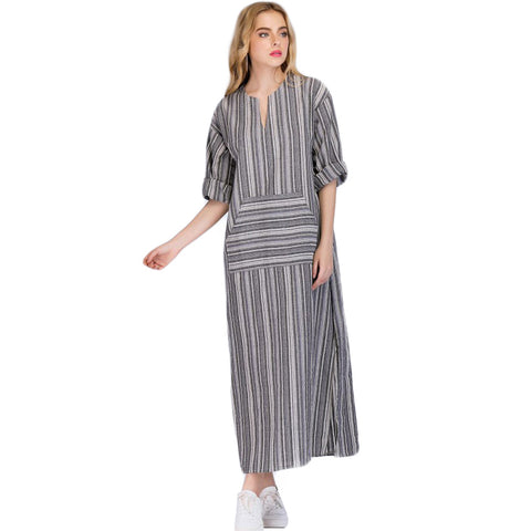 Women Summer Front Pocket Kaftan Stripe Long Sleeve Plus Size Long Maxi Dress - RELEVAZA