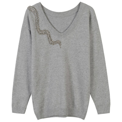 autumn winter women sweater full sleeve sexy v-neck knitted pullovers beaded snake - RELEVAZA