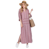 Women Summer Front Pocket Kaftan Stripe Long Sleeve Plus Size Long Maxi Dress - RELEVAZA