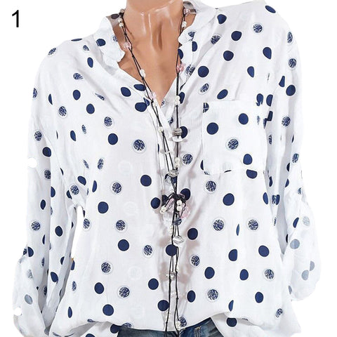 Leisure Dots Printed Loose Roll Up Sleeve Summer Women Blouse Breathable Shirt - RELEVAZA