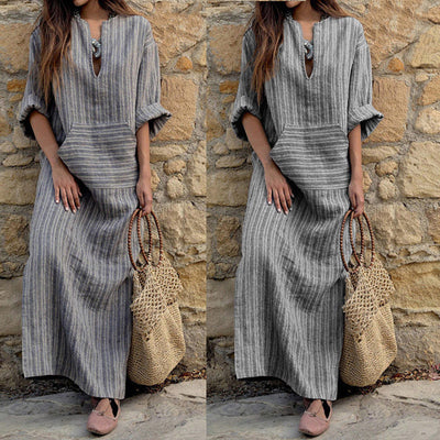 Women Summer Front Pocket Kaftan Stripe Long Sleeve Plus Size Long Maxi Dress - RELEVAZA