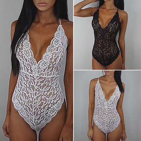 Women's Sexy See Through Lace Deep V Neck Bodysuit Nightwear Underwear Sleepwear - RELEVAZA