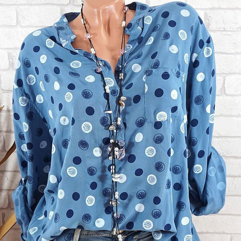 Leisure Dots Printed Loose Roll Up Sleeve Summer Women Blouse Breathable Shirt - RELEVAZA
