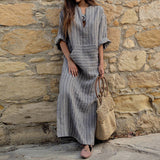 Women Summer Front Pocket Kaftan Stripe Long Sleeve Plus Size Long Maxi Dress - RELEVAZA