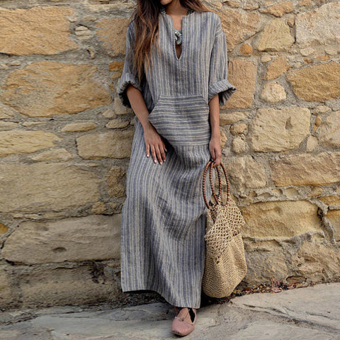 Women Summer Front Pocket Kaftan Stripe Long Sleeve Plus Size Long Maxi Dress - RELEVAZA