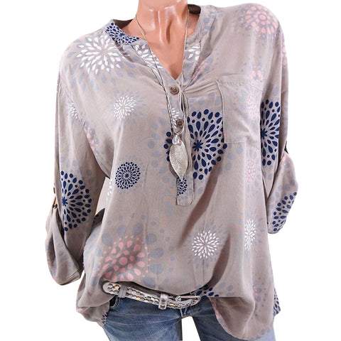 Fashion Printed V-neck Long Sleeve Casual Loose Spring Summer Women Blouse Top - RELEVAZA