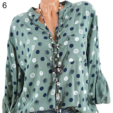 Leisure Dots Printed Loose Roll Up Sleeve Summer Women Blouse Breathable Shirt - RELEVAZA