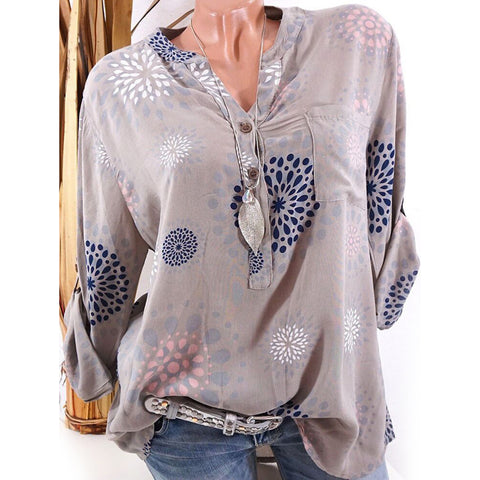 Fashion Printed V-neck Long Sleeve Casual Loose Spring Summer Women Blouse Top - RELEVAZA