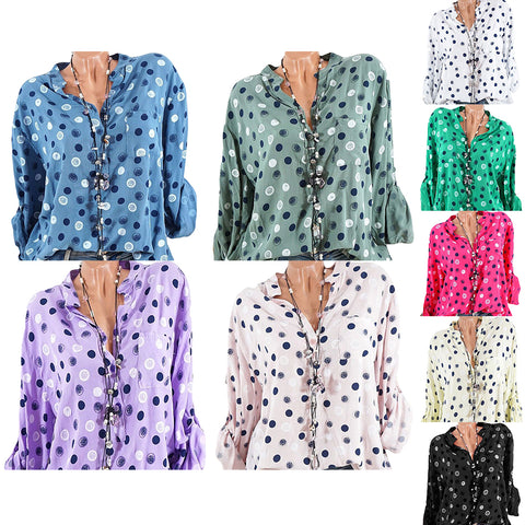 Leisure Dots Printed Loose Roll Up Sleeve Summer Women Blouse Breathable Shirt - RELEVAZA