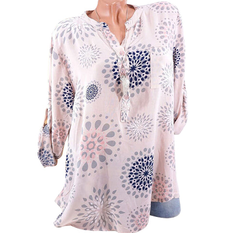 Fashion Printed V-neck Long Sleeve Casual Loose Spring Summer Women Blouse Top - RELEVAZA