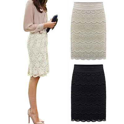 Women Sexy Bodycon Lace Crochet Floral Hollow Knee Length Skirt Office Work Wear - RELEVAZA