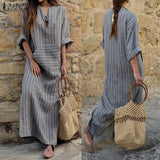 Women Summer Front Pocket Kaftan Stripe Long Sleeve Plus Size Long Maxi Dress - RELEVAZA
