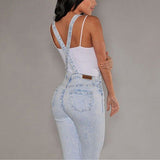 Women Washed Jeans Denim Casual Hole Loose Jumpsuit Romper Overall Bib Pants - RELEVAZA