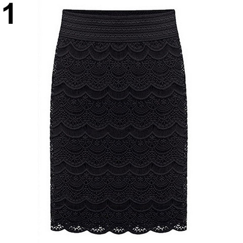 Women Sexy Bodycon Lace Crochet Floral Hollow Knee Length Skirt Office Work Wear - RELEVAZA