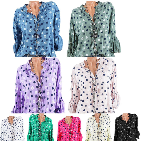 Leisure Dots Printed Loose Roll Up Sleeve Summer Women Blouse Breathable Shirt - RELEVAZA