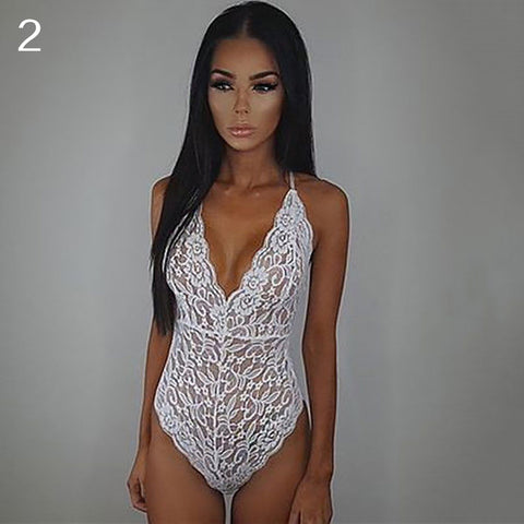 Women's Sexy See Through Lace Deep V Neck Bodysuit Nightwear Underwear Sleepwear - RELEVAZA