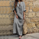 Women Summer Front Pocket Kaftan Stripe Long Sleeve Plus Size Long Maxi Dress - RELEVAZA