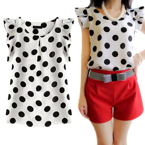 Fashion Women Polka Dots Casual Chiffon Blouse Short Sleeve T-shirt Summer Tops - RELEVAZA