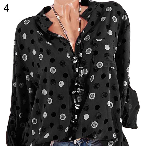 Leisure Dots Printed Loose Roll Up Sleeve Summer Women Blouse Breathable Shirt - RELEVAZA