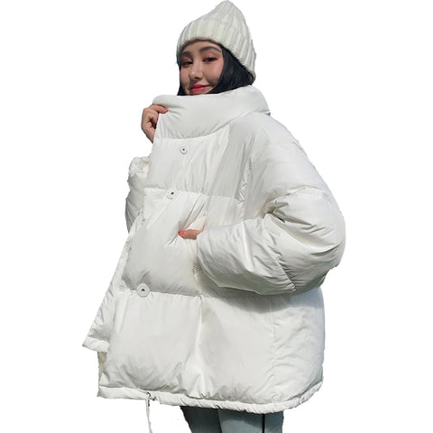 Korean Style 2019 Winter Jacket Women Stand Collar Solid Black White Female Down Coat Loose Oversized Womens Short Parka - RELEVAZA