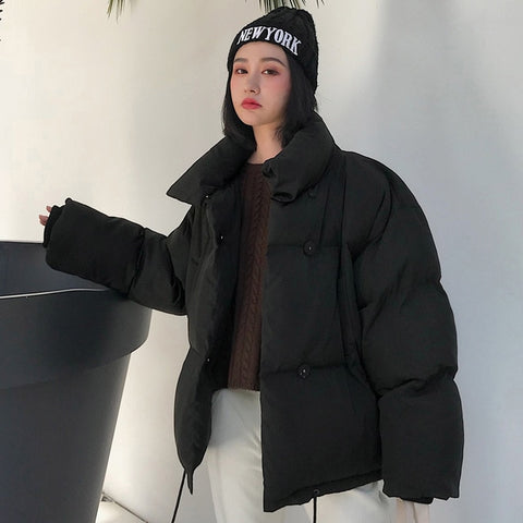Korean Style 2019 Winter Jacket Women Stand Collar Solid Black White Female Down Coat Loose Oversized Womens Short Parka - RELEVAZA