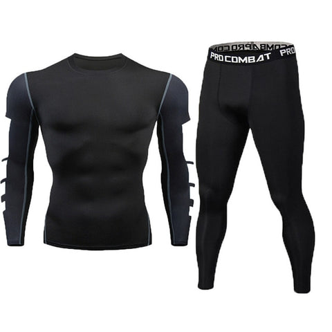New Fitness Men's Set Pure Black Compression Top + Leggings Underwear Crossfit Long Sleeve + Short Sleeve T-Shirt Apparel Set - RELEVAZA