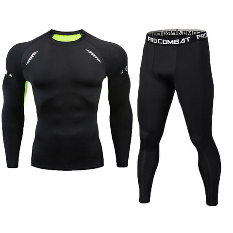 New Fitness Men's Set Pure Black Compression Top + Leggings Underwear Crossfit Long Sleeve + Short Sleeve T-Shirt Apparel Set - RELEVAZA