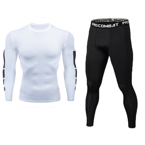 New Fitness Men's Set Pure Black Compression Top + Leggings Underwear Crossfit Long Sleeve + Short Sleeve T-Shirt Apparel Set - RELEVAZA