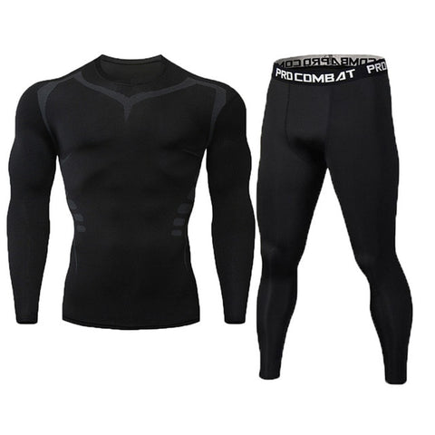 New Fitness Men's Set Pure Black Compression Top + Leggings Underwear Crossfit Long Sleeve + Short Sleeve T-Shirt Apparel Set - RELEVAZA