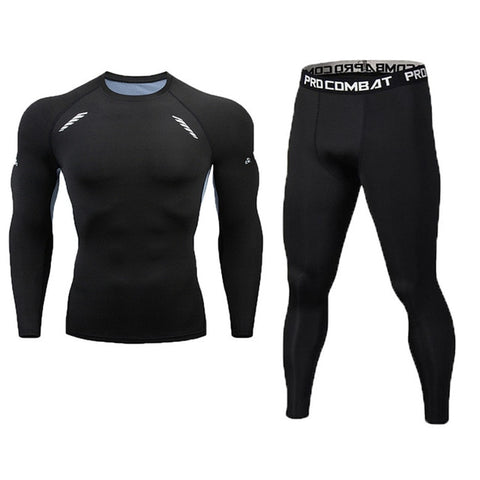 New Fitness Men's Set Pure Black Compression Top + Leggings Underwear Crossfit Long Sleeve + Short Sleeve T-Shirt Apparel Set - RELEVAZA