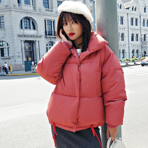 Korean Style 2019 Winter Jacket Women Stand Collar Solid Black White Female Down Coat Loose Oversized Womens Short Parka - RELEVAZA