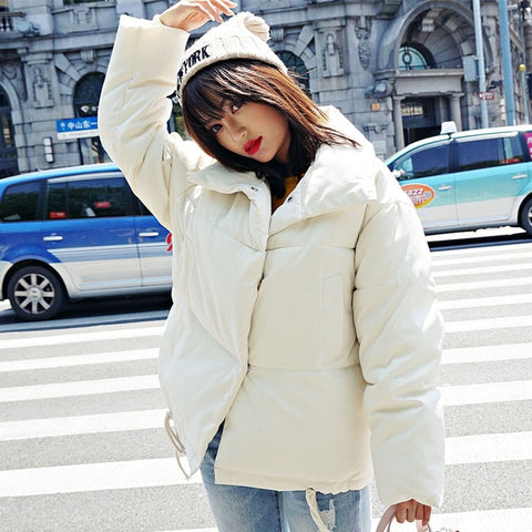 Korean Style 2019 Winter Jacket Women Stand Collar Solid Black White Female Down Coat Loose Oversized Womens Short Parka - RELEVAZA