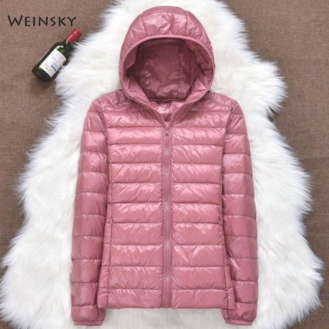 Winter Women Ultralight Thin Down Jacket White Duck Down Hooded Jackets Long Sleeve Warm Coat Parka Female Portable Outwear - RELEVAZA