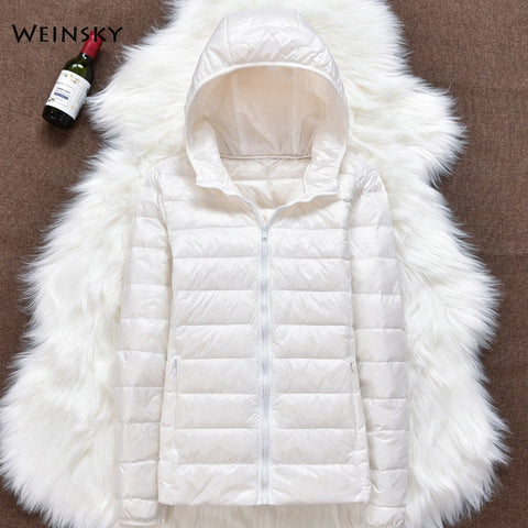Winter Women Ultralight Thin Down Jacket White Duck Down Hooded Jackets Long Sleeve Warm Coat Parka Female Portable Outwear - RELEVAZA