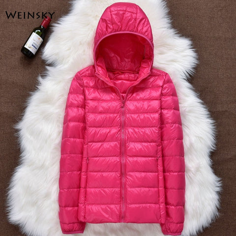 Winter Women Ultralight Thin Down Jacket White Duck Down Hooded Jackets Long Sleeve Warm Coat Parka Female Portable Outwear - RELEVAZA