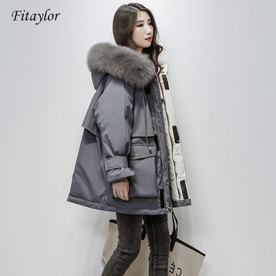 Fitaylor Large Natural Fox Fur Hooded Winter Jacket Women 90% White Duck Down Thick Parkas Warm Sash Tie Up Snow Coat - RELEVAZA