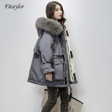 Fitaylor Large Natural Fox Fur Hooded Winter Jacket Women 90% White Duck Down Thick Parkas Warm Sash Tie Up Snow Coat - RELEVAZA