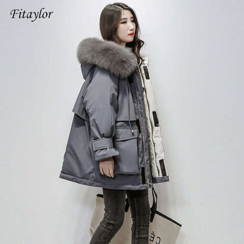 Fitaylor Large Natural Fox Fur Hooded Winter Jacket Women 90% White Duck Down Thick Parkas Warm Sash Tie Up Snow Coat - RELEVAZA