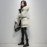 Fitaylor Large Natural Fox Fur Hooded Winter Jacket Women 90% White Duck Down Thick Parkas Warm Sash Tie Up Snow Coat - RELEVAZA