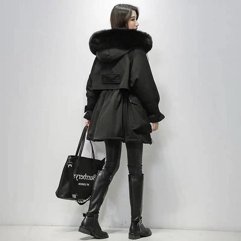 Fitaylor Large Natural Fox Fur Hooded Winter Jacket Women 90% White Duck Down Thick Parkas Warm Sash Tie Up Snow Coat - RELEVAZA