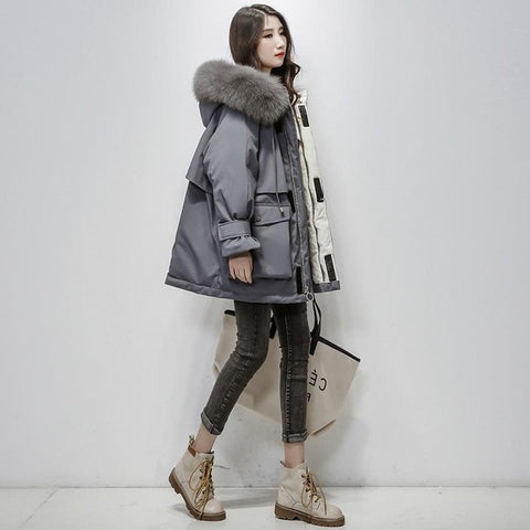 Fitaylor Large Natural Fox Fur Hooded Winter Jacket Women 90% White Duck Down Thick Parkas Warm Sash Tie Up Snow Coat - RELEVAZA