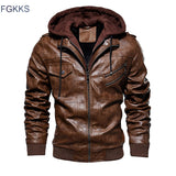 FGKKS Men Motorcycle Leather Jackets Winter Male Fashion Casual Hooded Faux Jacket Mens Warm PU Leather Jackets Coats - RELEVAZA
