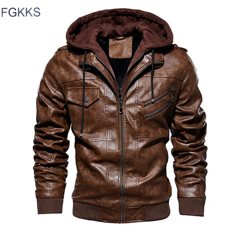 FGKKS Men Motorcycle Leather Jackets Winter Male Fashion Casual Hooded Faux Jacket Mens Warm PU Leather Jackets Coats - RELEVAZA