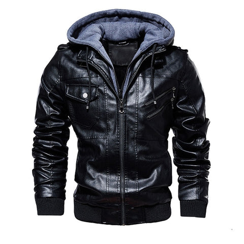 FGKKS Men Motorcycle Leather Jackets Winter Male Fashion Casual Hooded Faux Jacket Mens Warm PU Leather Jackets Coats - RELEVAZA