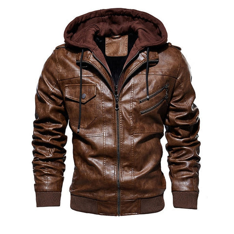 FGKKS Men Motorcycle Leather Jackets Winter Male Fashion Casual Hooded Faux Jacket Mens Warm PU Leather Jackets Coats - RELEVAZA