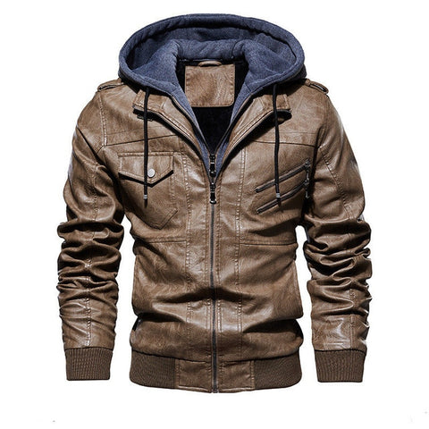 FGKKS Men Motorcycle Leather Jackets Winter Male Fashion Casual Hooded Faux Jacket Mens Warm PU Leather Jackets Coats - RELEVAZA