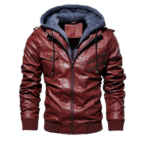 FGKKS Men Motorcycle Leather Jackets Winter Male Fashion Casual Hooded Faux Jacket Mens Warm PU Leather Jackets Coats - RELEVAZA