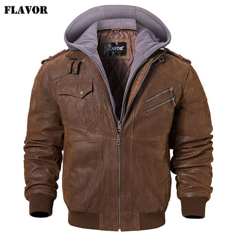 Men's Real Leather Jacket Men Motorcycle Removable Hood winter coat Men Warm Genuine Leather Jackets - RELEVAZA
